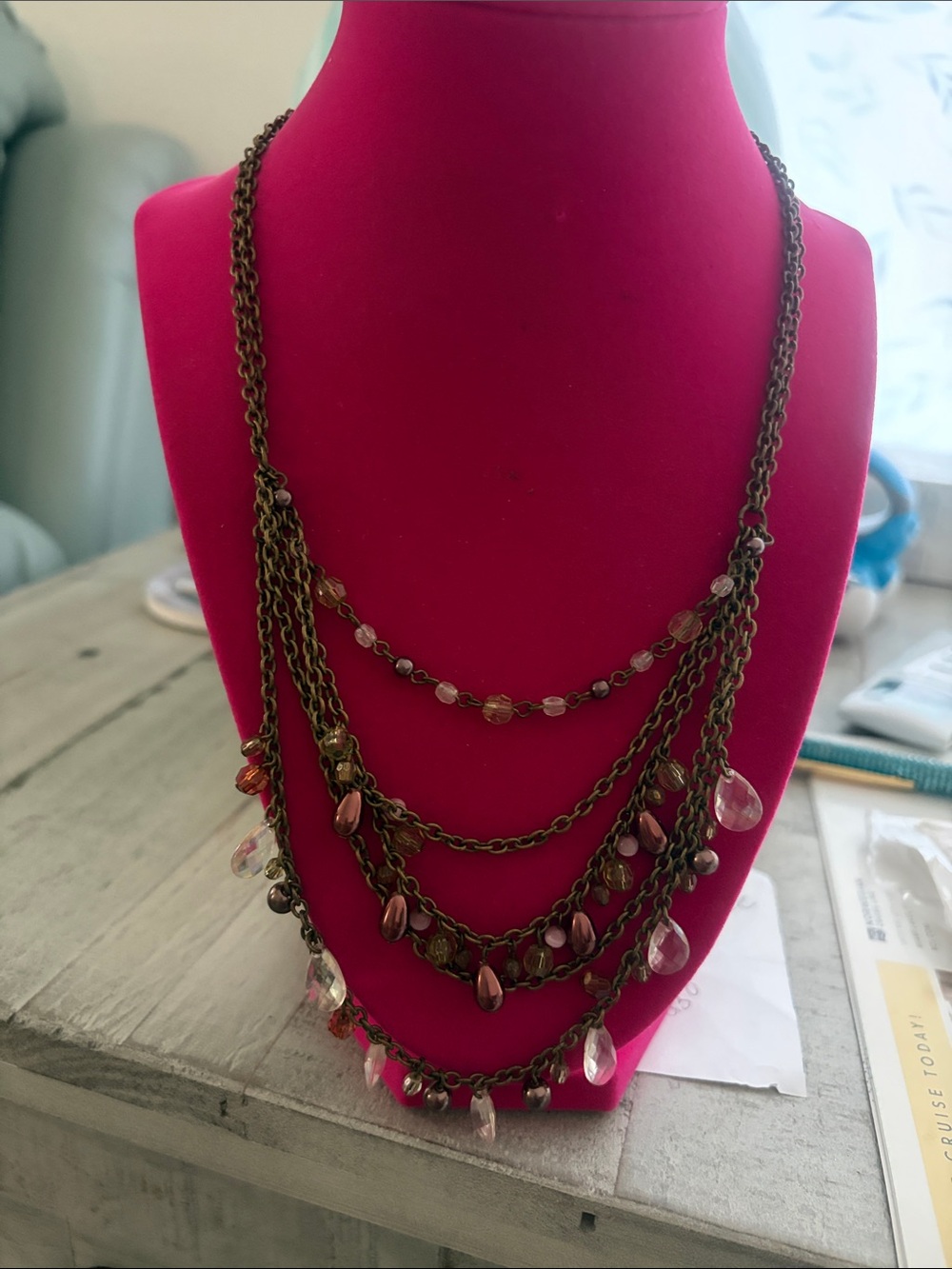 Layered Pink Bead and Teardrop Statement Necklace